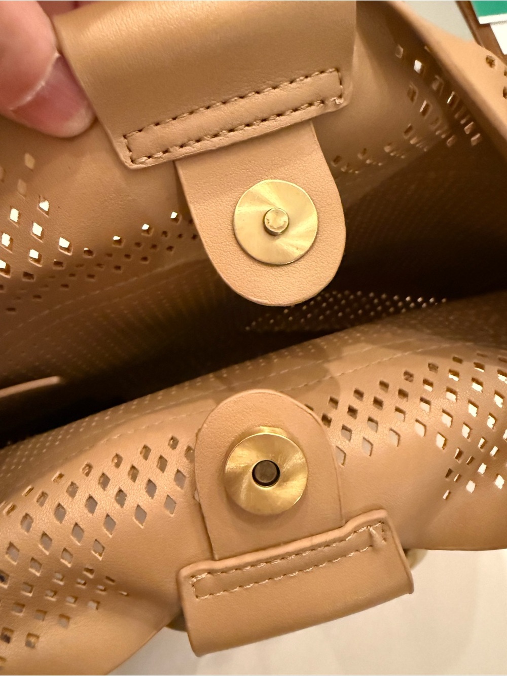 Anthropologie Tan Perforated Ring Handle Crossbody Bag - Vegan Leather Tote - Picture 9 of 11